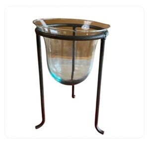 VINTAGE 8 3/4" 1980's BELL GLASS OPEN STORAGE WITH METAL TRIANGLE BASE M…